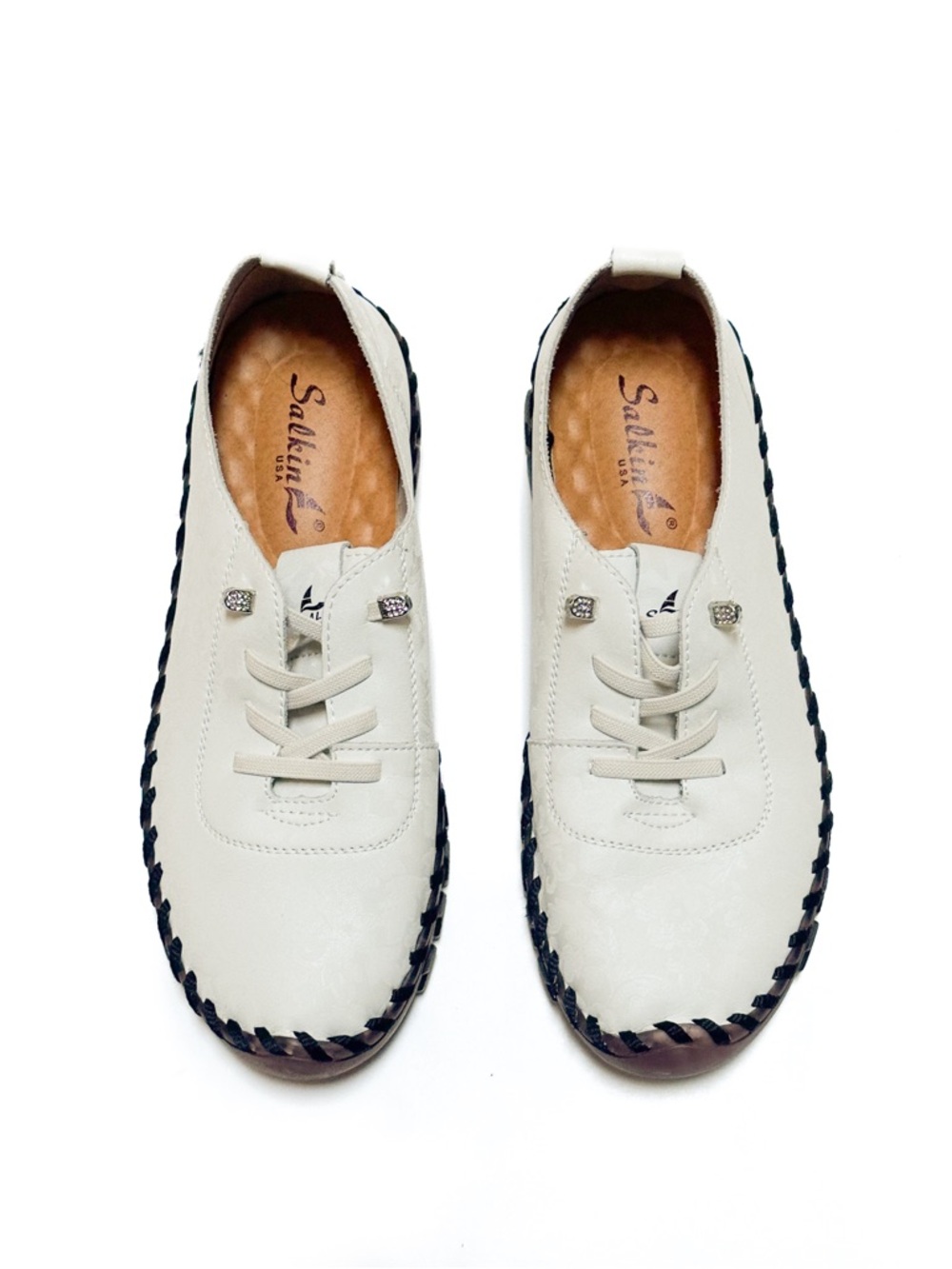 Salkin Shoes Handmade Italian Leather White Brocade Embossed Slip On Sneaker